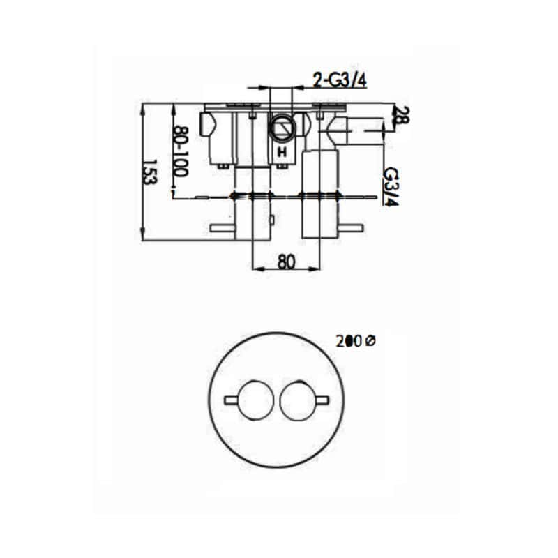 Pump system technical drawing with detailed measurements for bathroom plumbing installation.