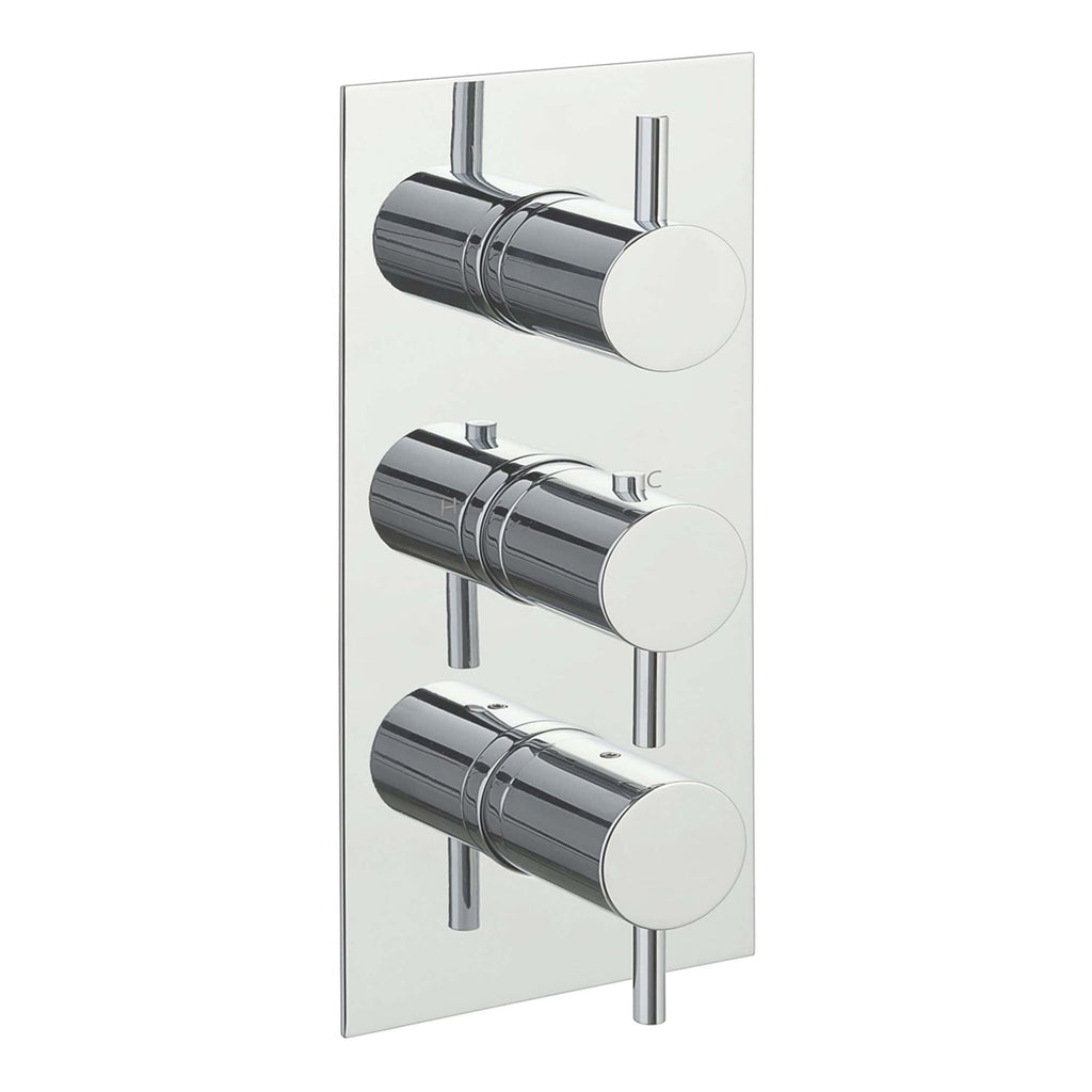Sleek chrome bathroom digital thermostatic shower valve with three control knobs for precise temperature and flow control, perfect for modern bathrooms.
