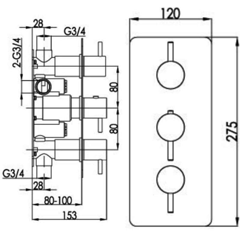G1bly bathrooms tap and valve technical drawing with detailed measurements and specifications for bathroom plumbing fixtures.