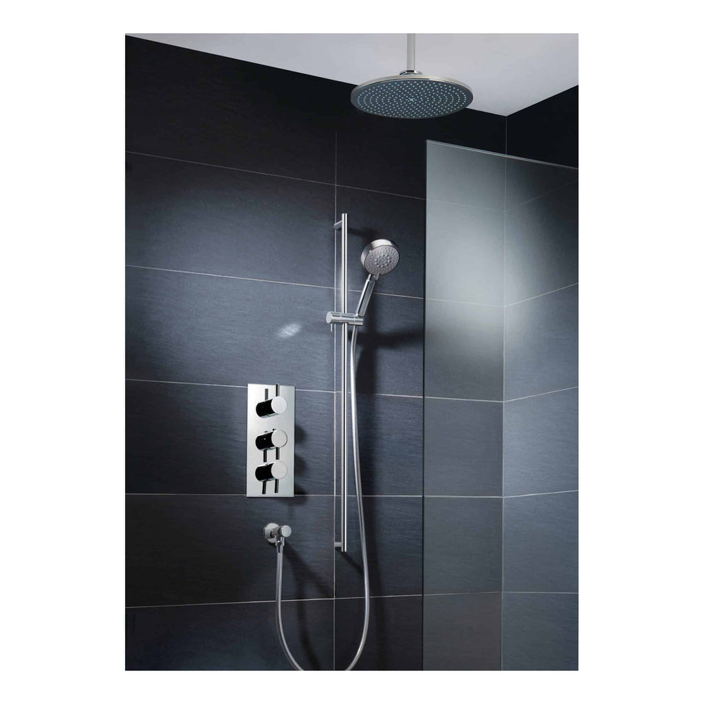 Modern shower system with rainfall head and handheld shower in stylish black and silver finish against dark tiled bathroom wall.