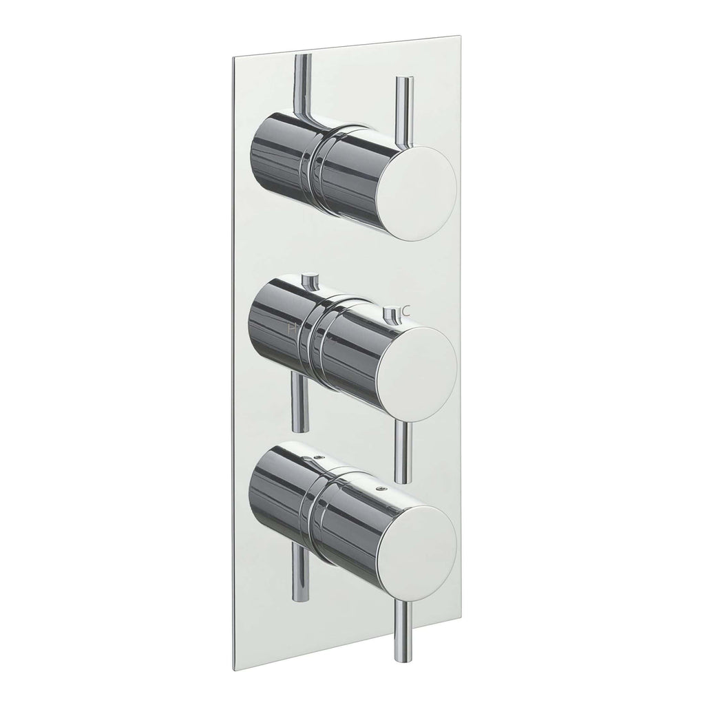 Chrome thermostatic shower control panel with three dials for precise temperature and flow adjustment. Ideal for modern bathroom designs, offering style and functionality.