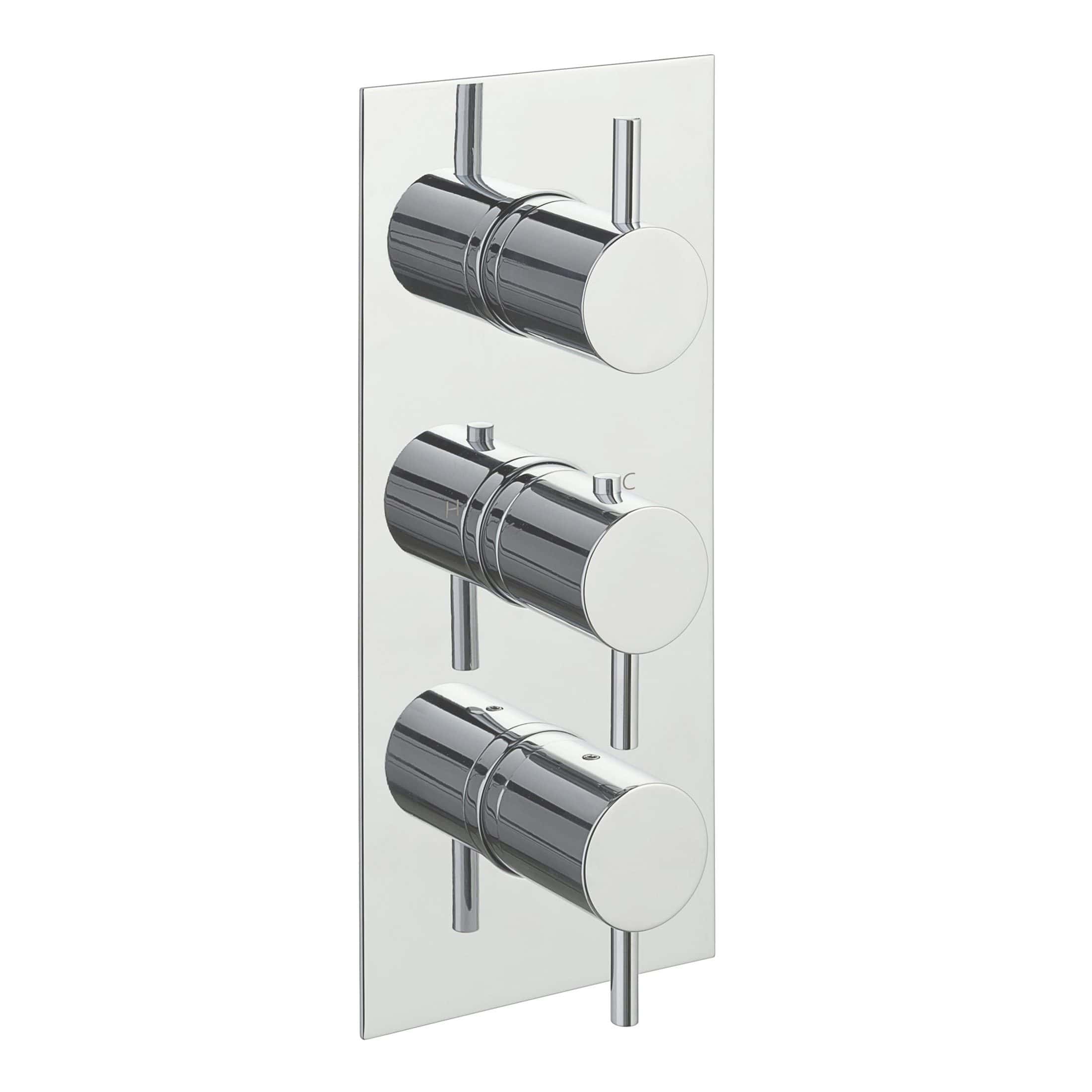 Chrome thermostatic shower control panel with three dials for precise temperature and flow adjustment. Ideal for modern bathroom designs, offering style and functionality.