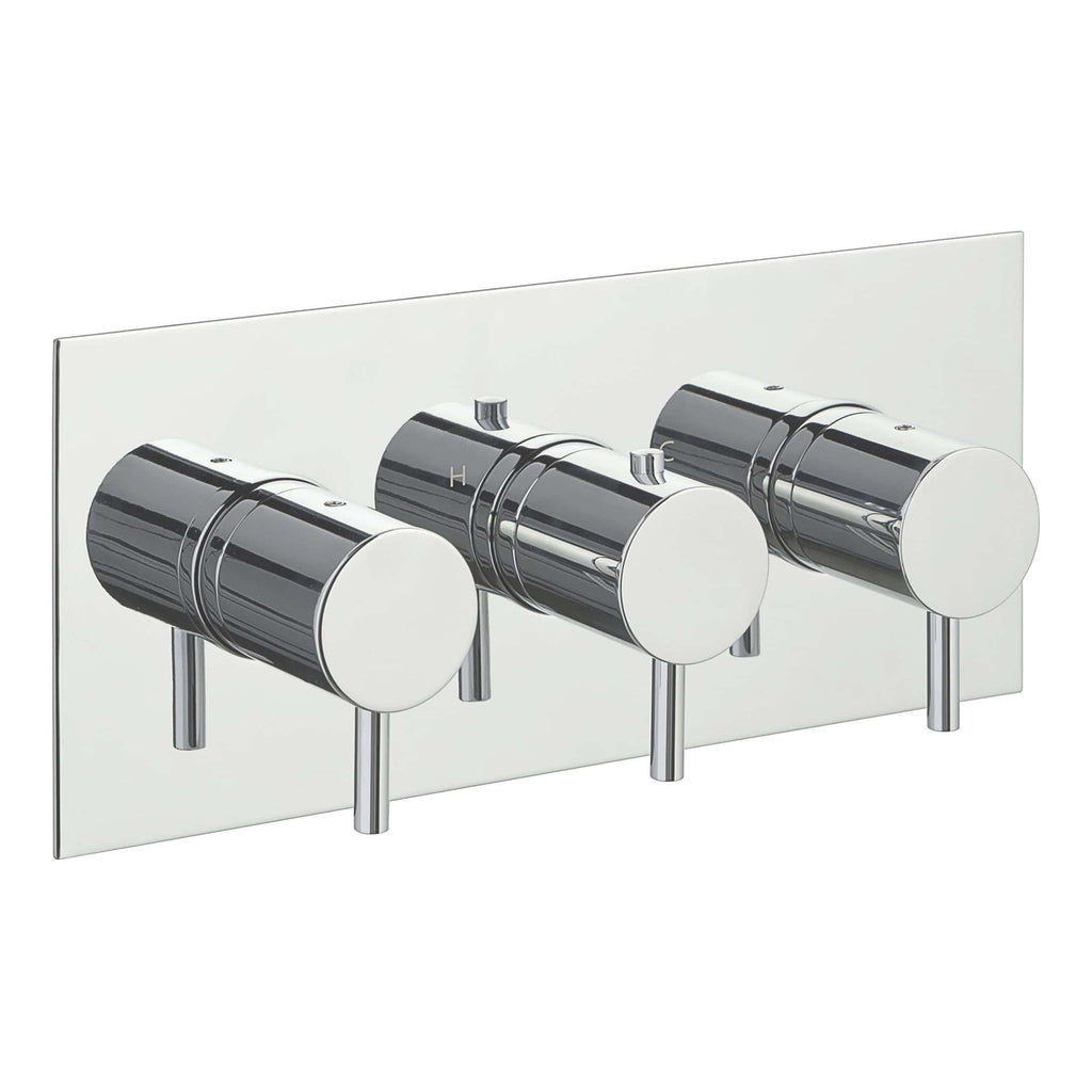Sleek chrome bathroom thermostat with dual control knobs mounted on a reflective white wall panel for modern bathroom design.