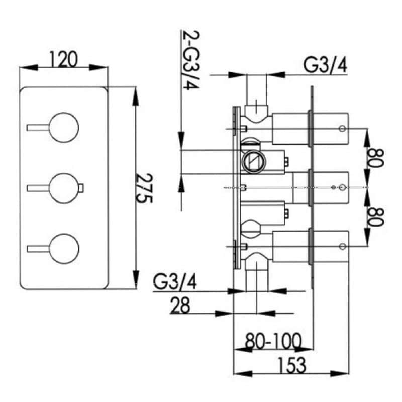 High-quality bathroom plumbing component technical drawing with detailed measurements and installation specifications. Suitable for modern bathroom renovation and plumbing designs.