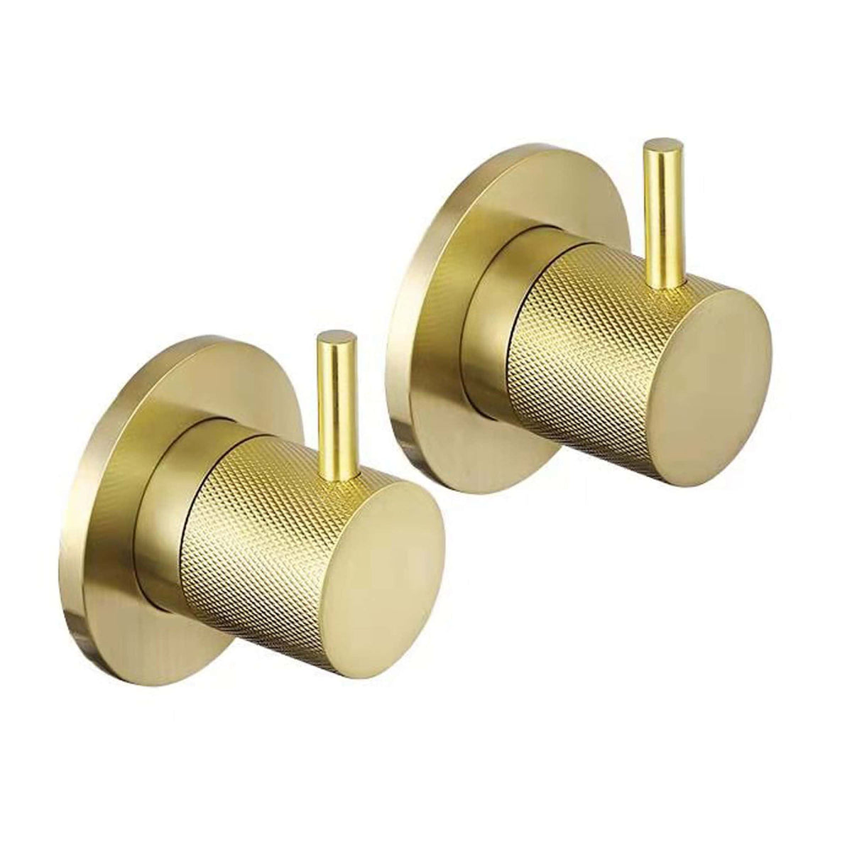 Shiny gold thermostatic shower valve controls with textured grip and round back plates, ideal for modern bathroom upgrades. Designed for precise temperature regulation and stylish bathroom decor.