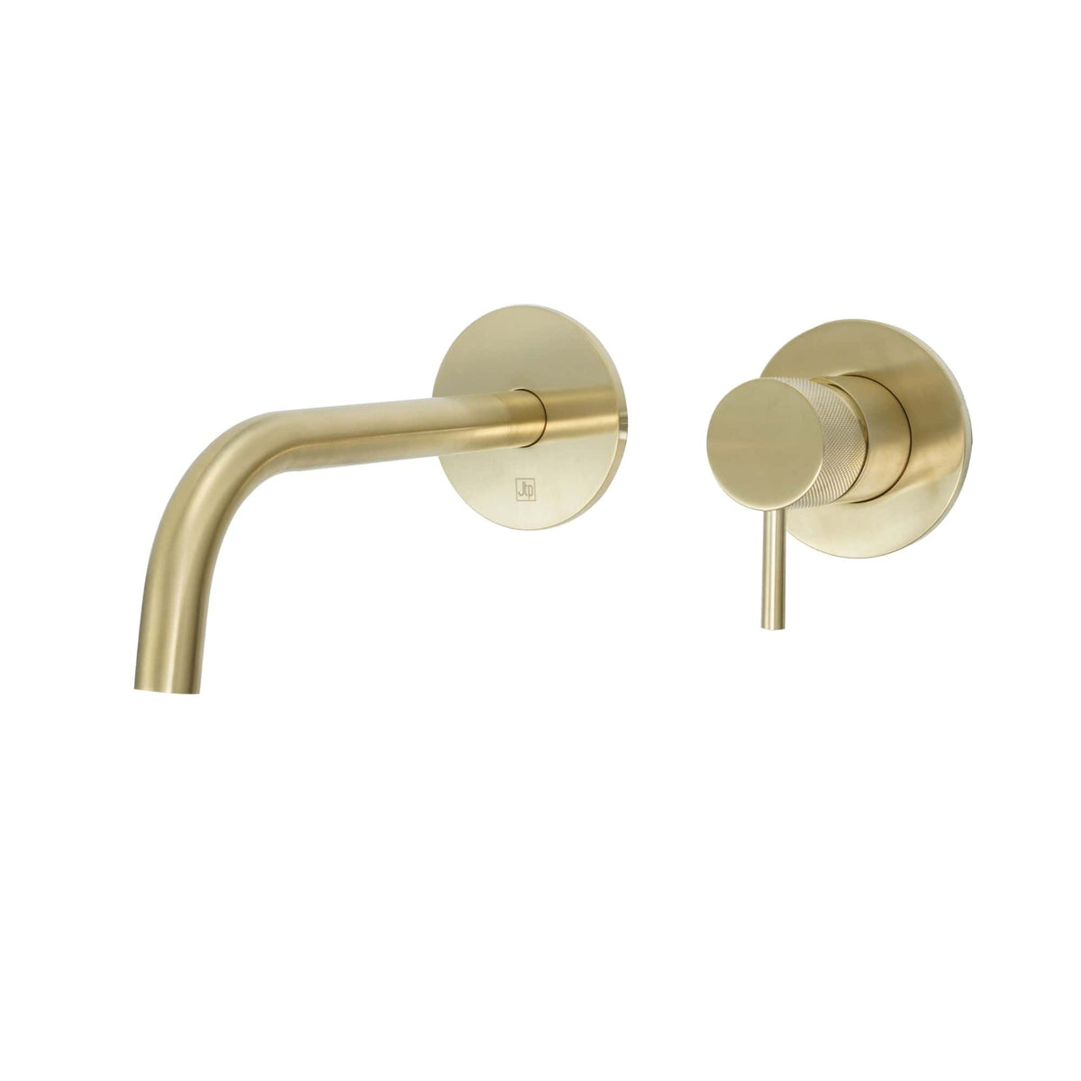 Polished gold wall-mounted bathroom tap and lever handle set from Bubly Bathrooms, modern and sleek design, perfect for contemporary bathrooms, high-quality brass construction.