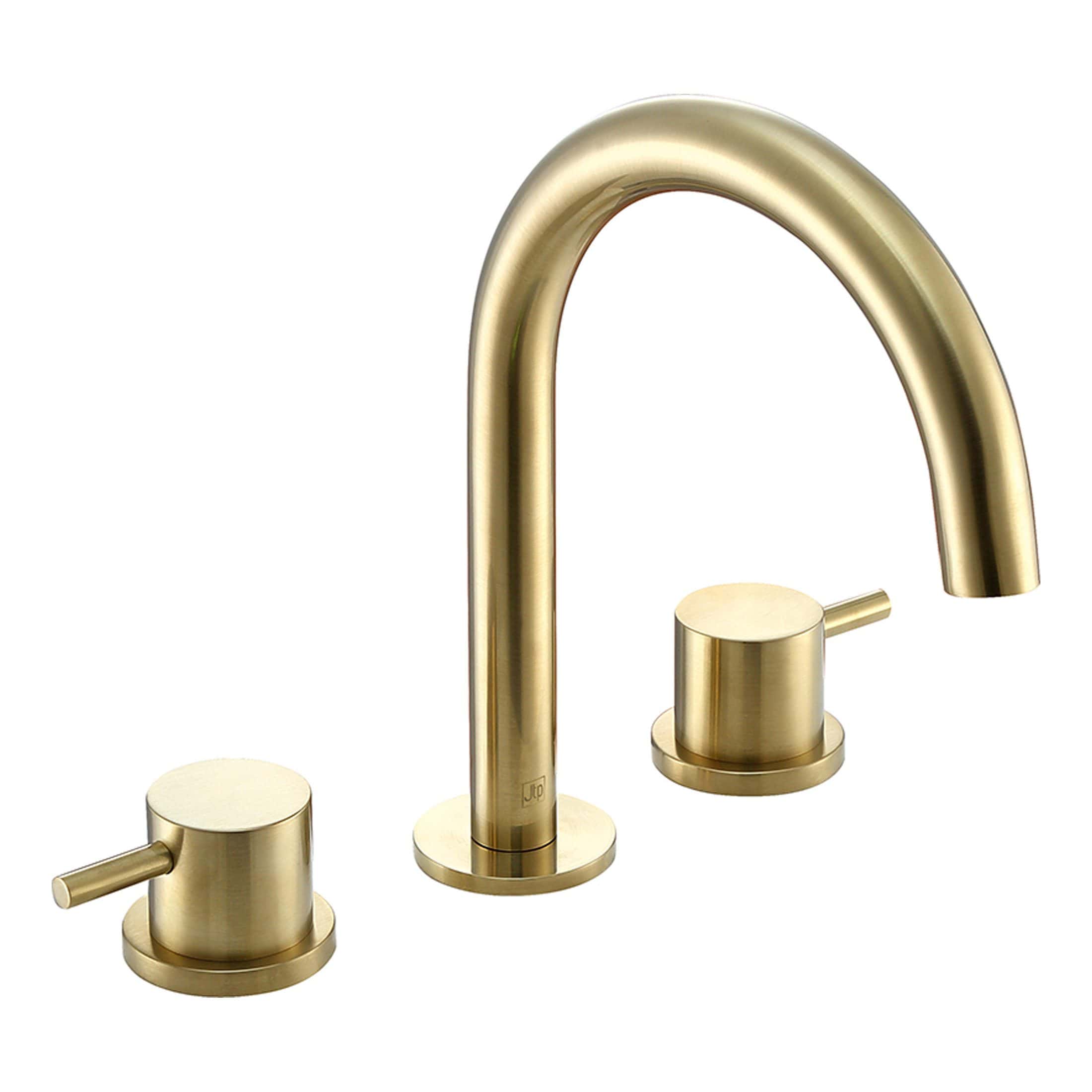 Polished gold bathroom mixer tap with two handles and high-arc spout, ideal for modern bathroom sinks. Premium brass finish enhances durability and elegance for stylish bathroom designs.