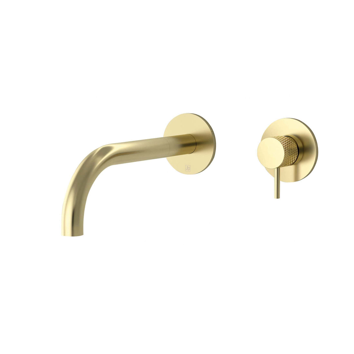 Brass wall-mounted bathroom tap and single lever control with modern, minimalist design. Ideal for contemporary bathroom remodels and installations, combining style and functionality.