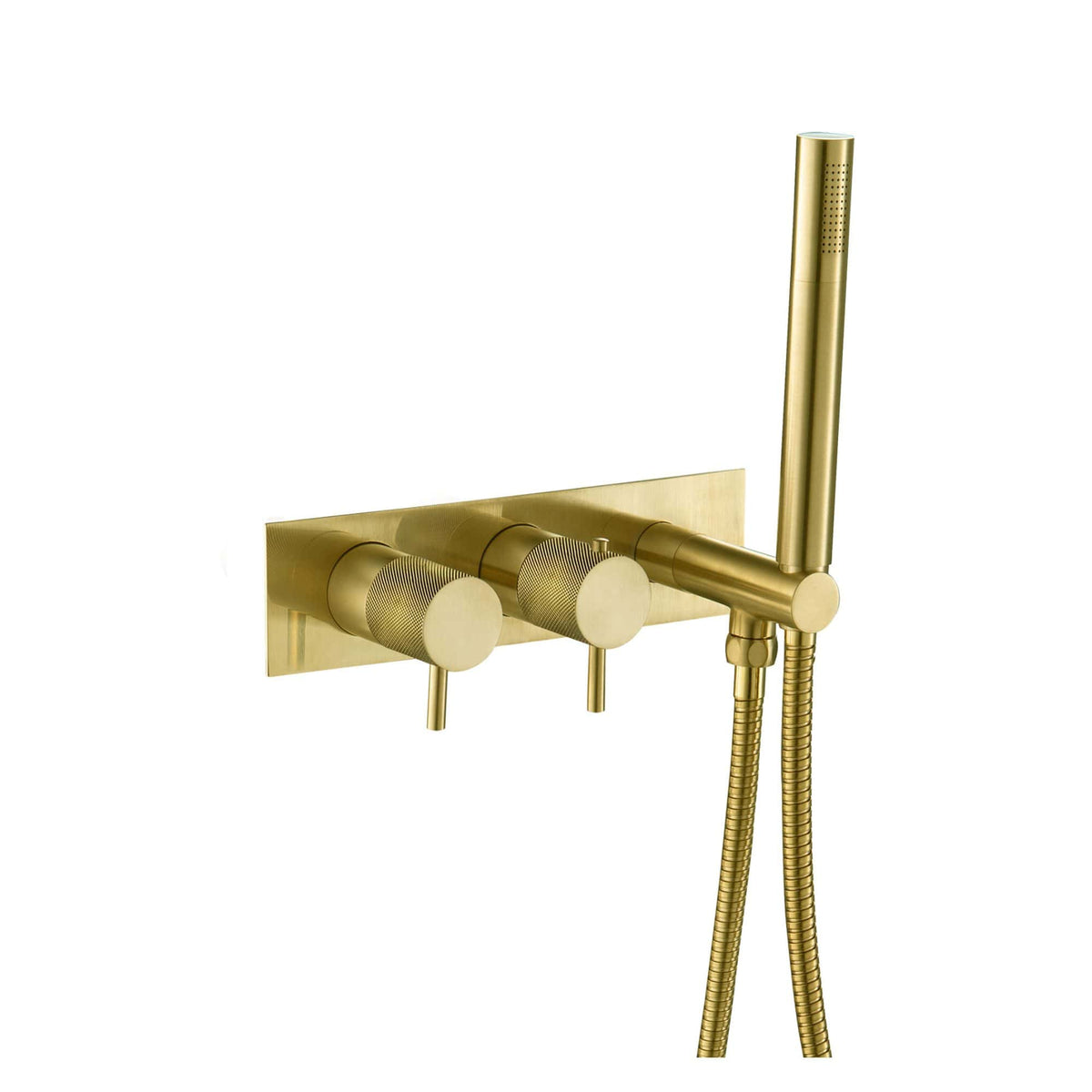 Brass bathroom wall-mounted shower mixer with handheld shower and flexible hose, designed for modern shower installations and elegant bathroom decor.