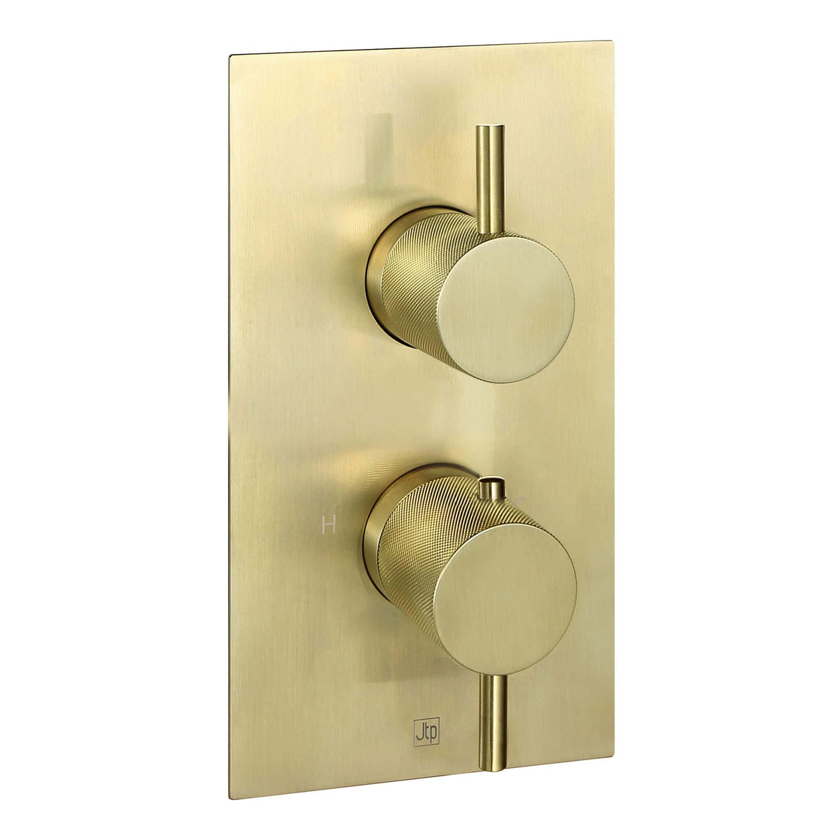 Polished gold thermostatic shower control panel with two adjustable dials for temperature and flow regulation, bathroom luxury fixtures, Bubly Bathrooms.