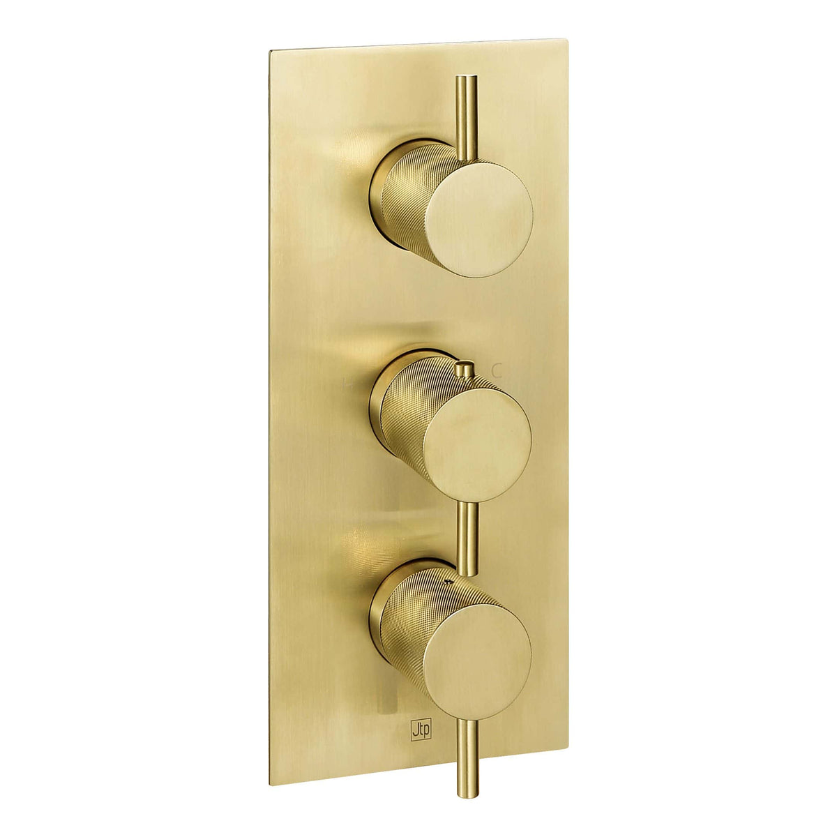 Sleek modern gold shower panel with three adjustable thermostatic controls, perfect for luxury bathroom upgrades. Crafted for durability, style, and ease of use.