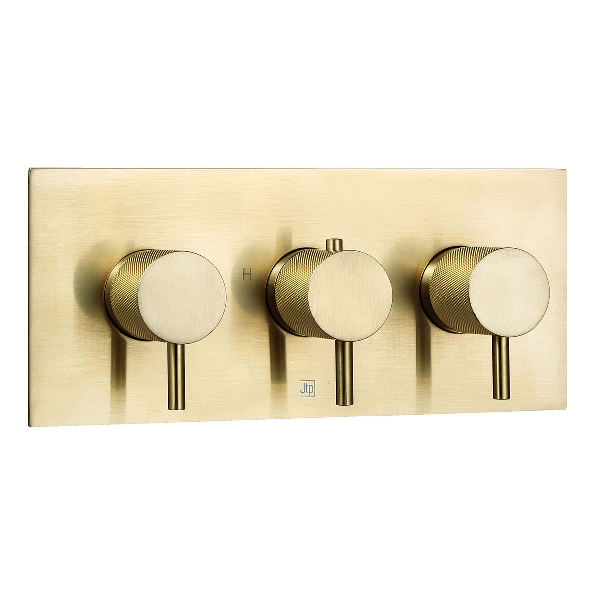 Elegant gold thermostatic shower valve controls with three dials, perfect for modern bathroom designs, offering precise temperature and flow regulation.