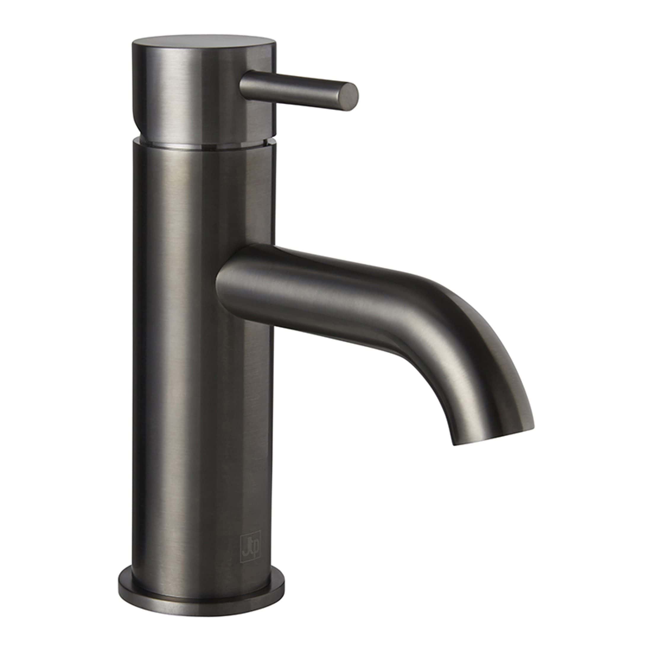 Brushed stainless steel bathroom sink mixer tap for modern washbasins and vanity units.