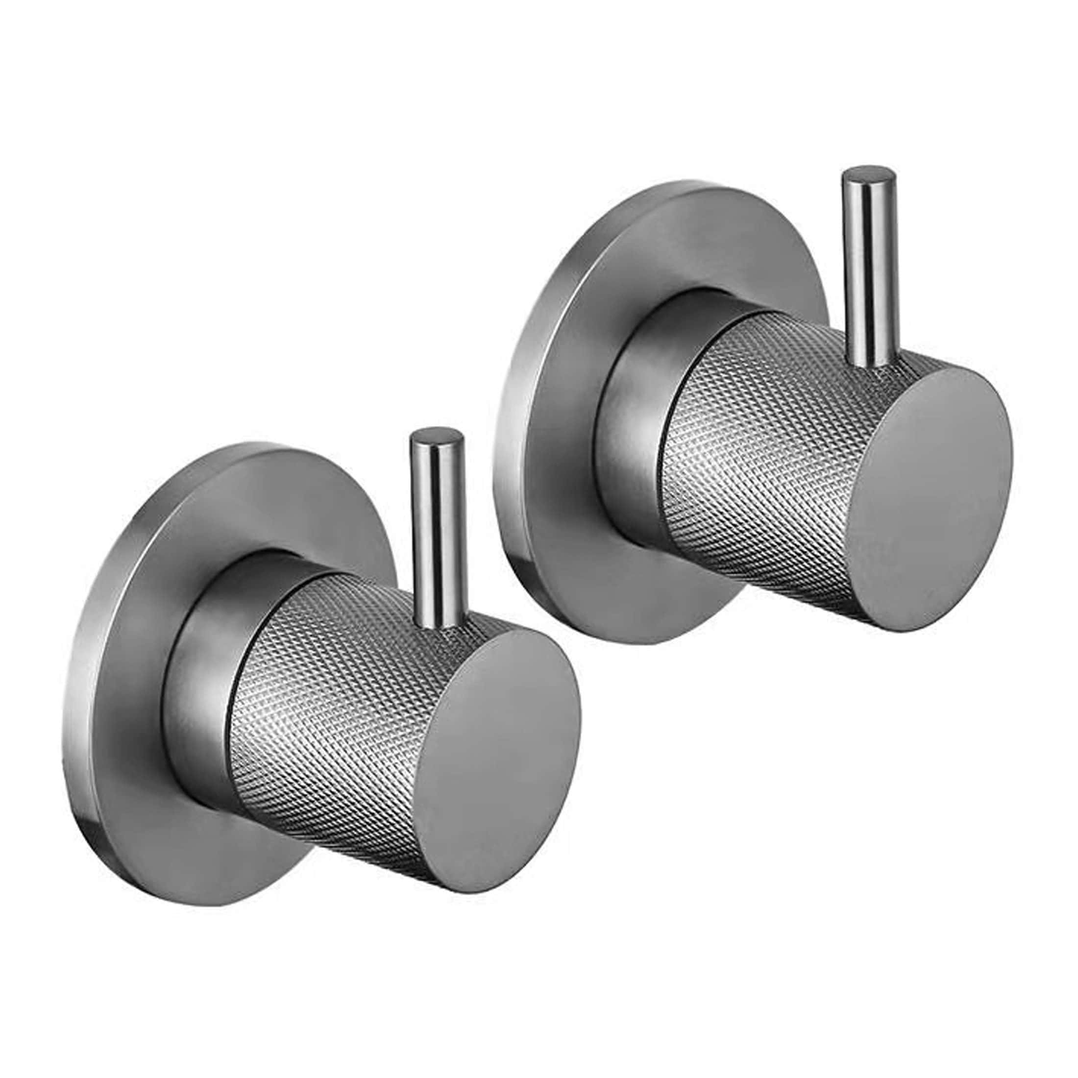 Sleek stainless steel bathroom door hooks with a modern knurled design, ideal for bathroom organisation and towel hanging, showcasing contemporary bathroom accessories by Bubly Bathrooms.