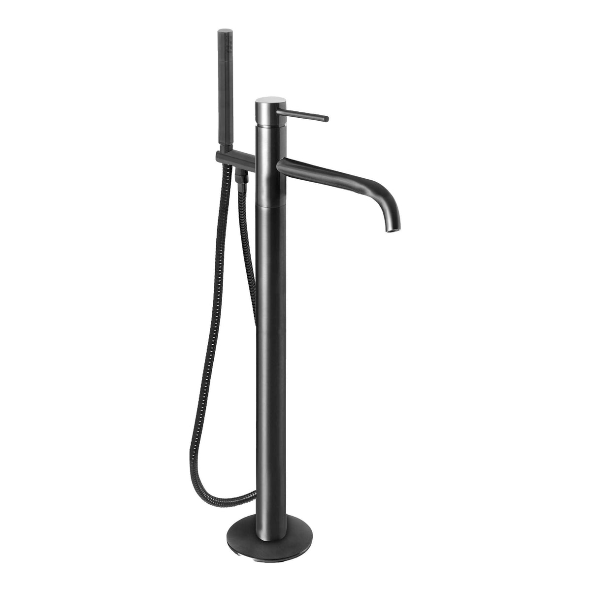 Sleek modern freestanding bathroom tap with handheld shower head, stainless steel finish, and ergonomic design for contemporary bathroom decor.