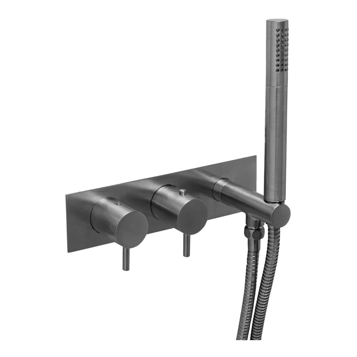 Modern stainless steel bathroom shower mixer with control knobs and handheld shower head, ideal for luxury bathroom remodels and contemporary shower installations.