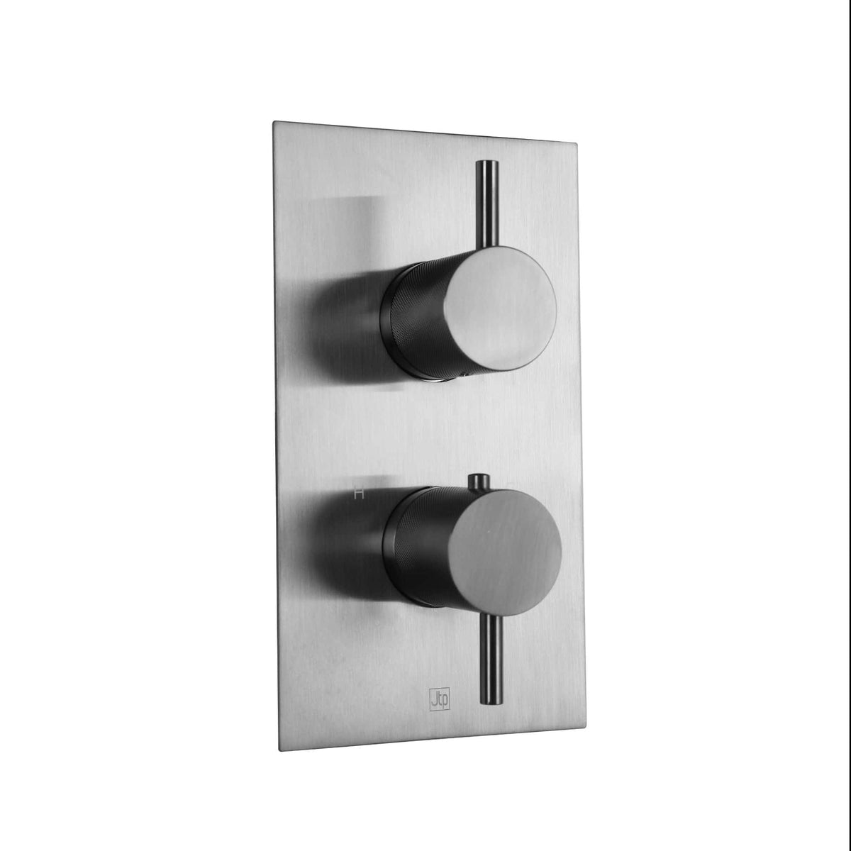 Sleek brushed steel dual control shower valve with modern minimalist design, ideal for luxury bathrooms and easy temperature control.