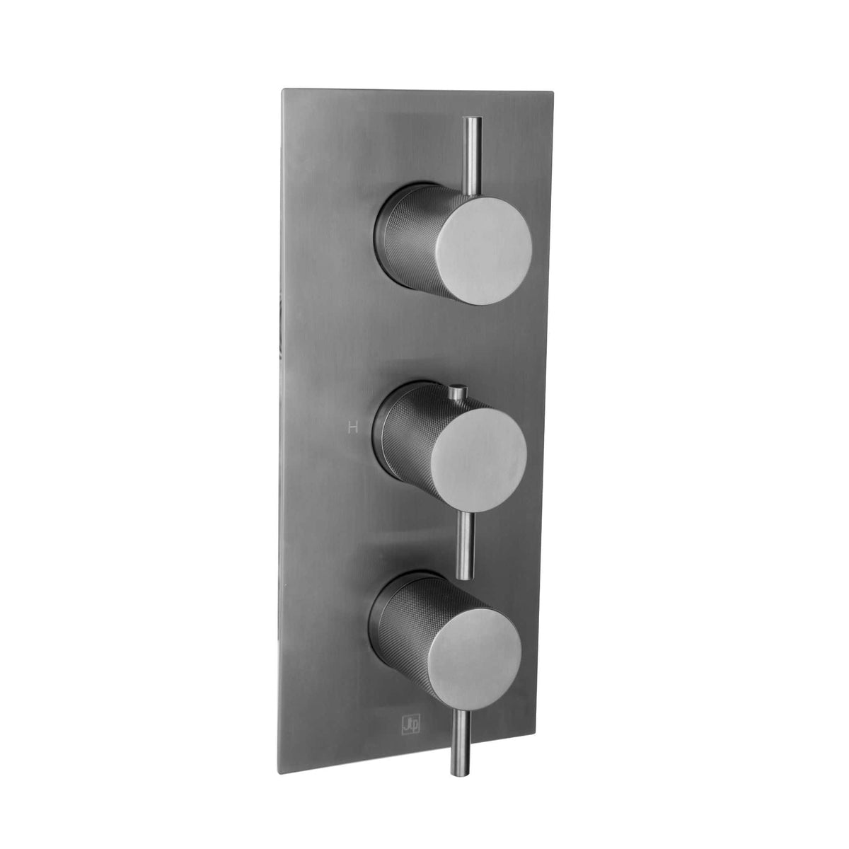 Sleek stainless steel bathroom control panel with three round knobs for temperature and water flow adjustment, ideal for modern shower and bathtub installations.