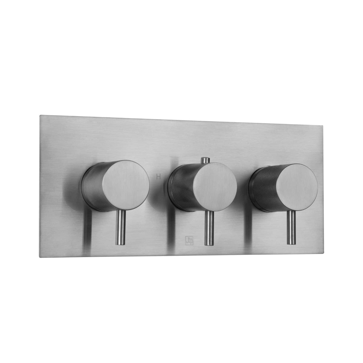 Sleek stainless steel bathroom control panel with three modern dials for precise temperature and water flow adjustment. Ideal for contemporary bathroom design and reliable performance.