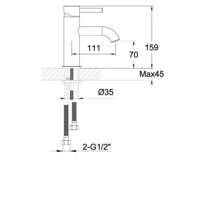High-quality bathroom tap installation technical drawing with detailed measurements for precise fitting and plumbing setup. Suitable for modern bathroom refurbishment and DIY plumbing projects.