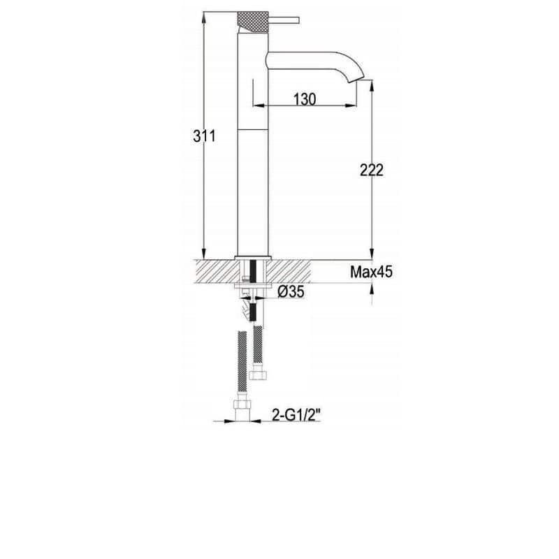 Sleek modern bathroom basin mixer tap with detailed technical drawing and dimensions, ideal for contemporary bathroom design and installation.