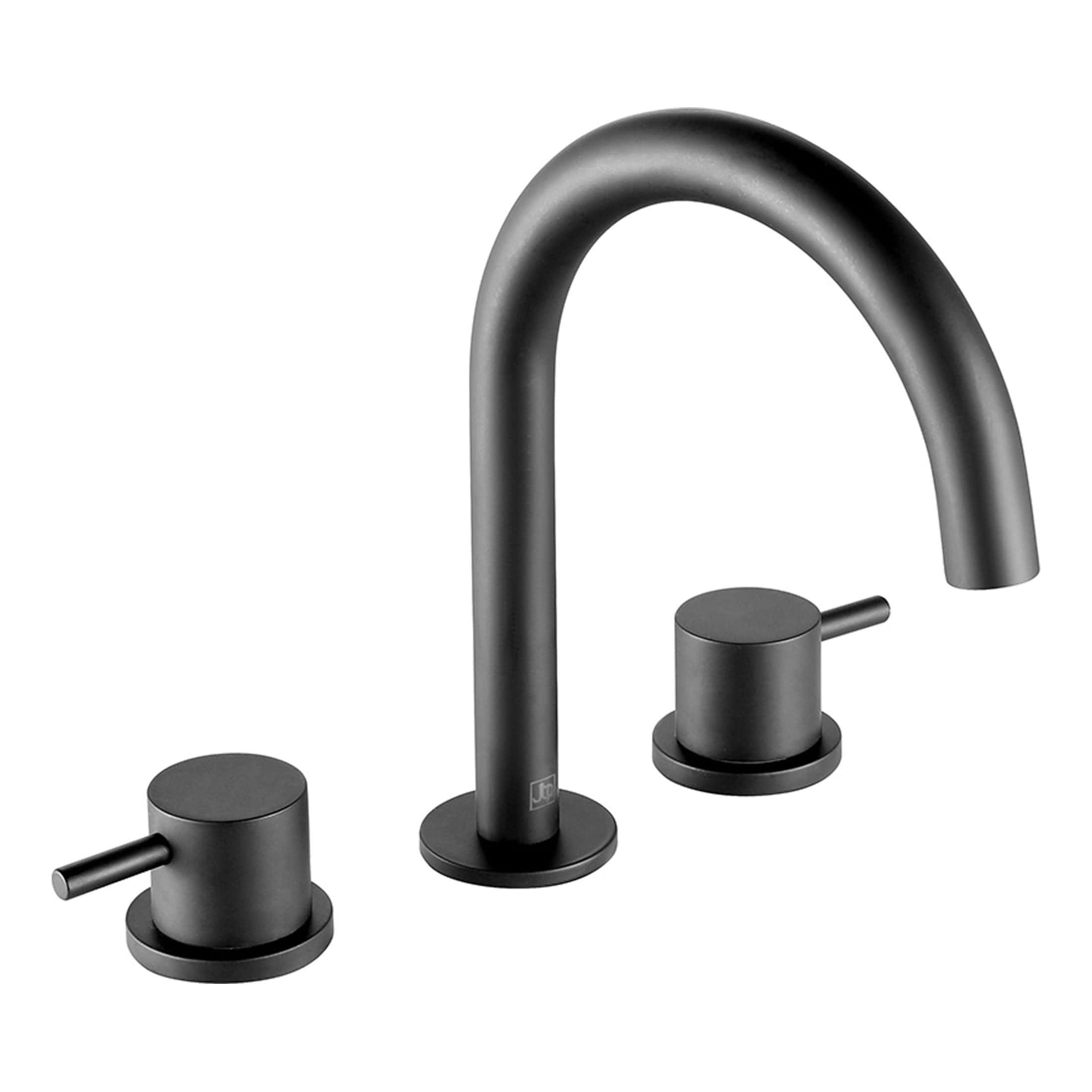 Sleek matte black kitchen or bathroom tap with modern design, featuring two handles and a high-arc spout, ideal for stylish and contemporary bathrooms or kitchens.