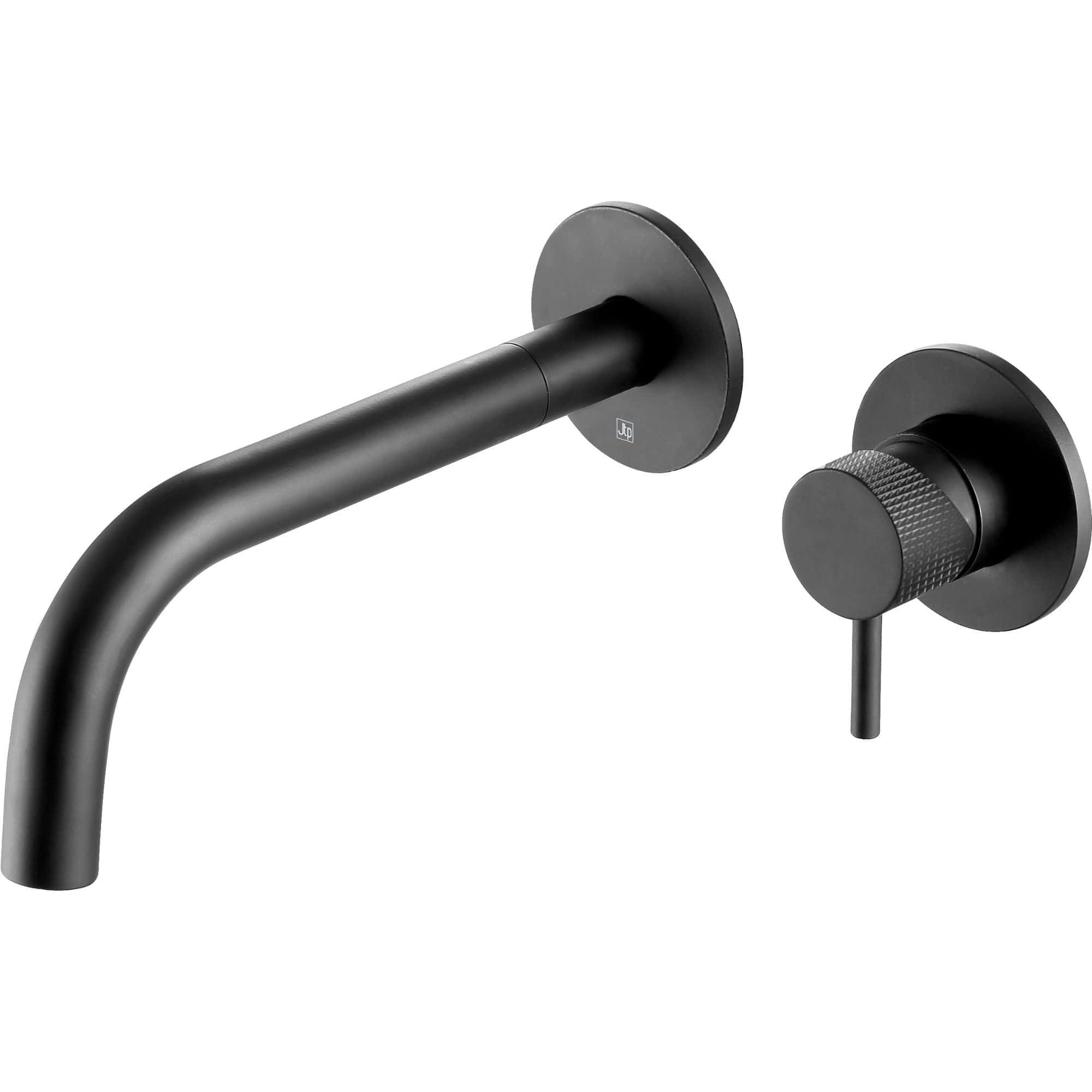 Minimalist black wall-mounted kitchen faucet with curved spout and matching control lever, modern design suitable for contemporary bathrooms and kitchens.