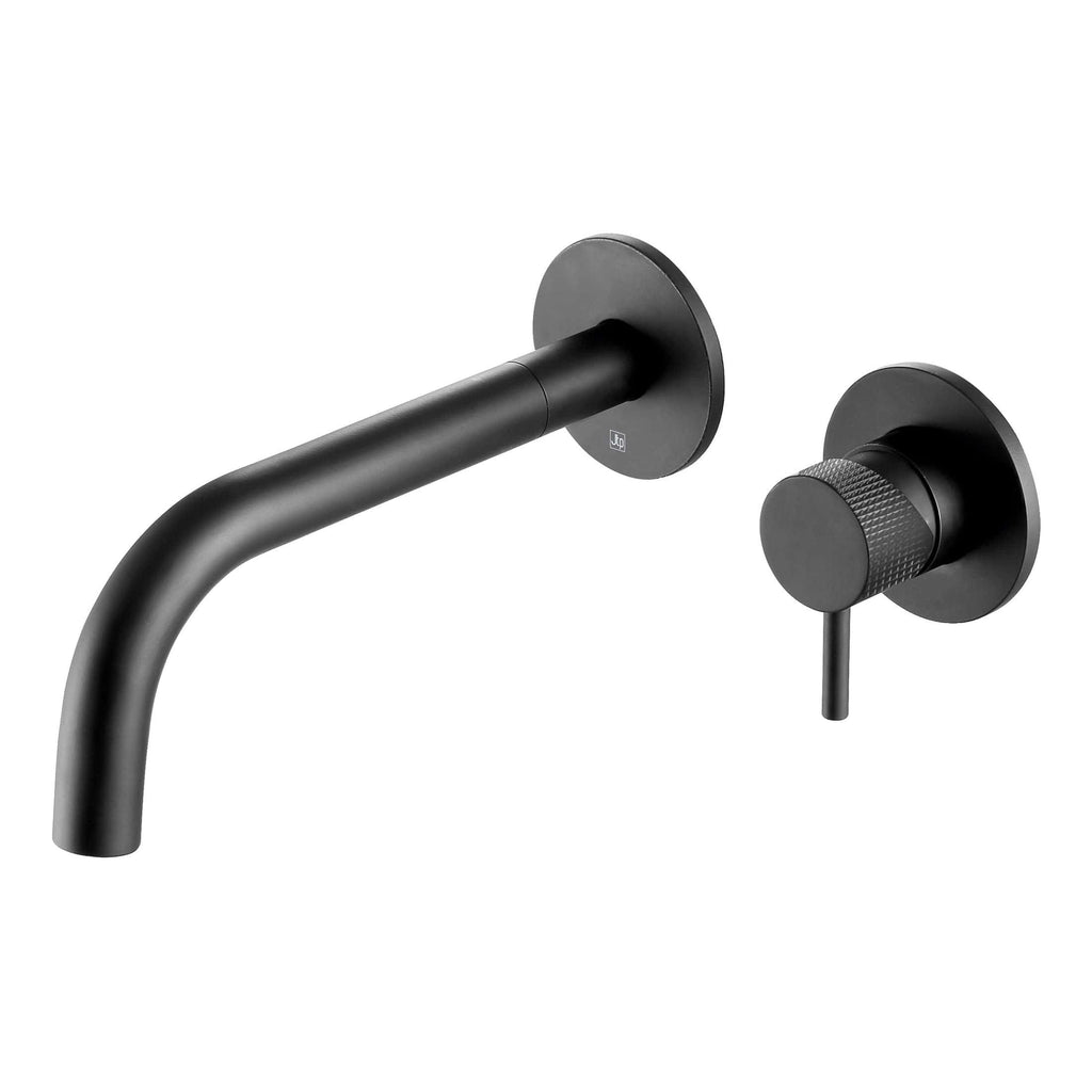 Sleek black wall-mounted kitchen tap with a minimalist design, ideal for modern kitchens, featuring a matte finish and easy-to-use lever for precise water control.