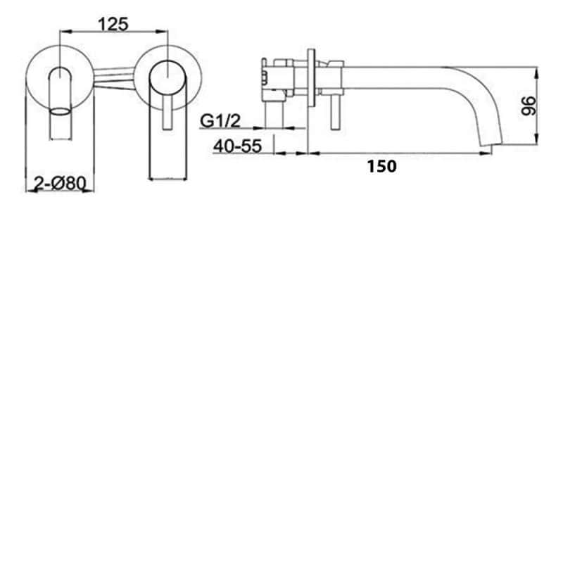G1/2 bathroom tap technical drawing with dimensions for Bubly Bathrooms.