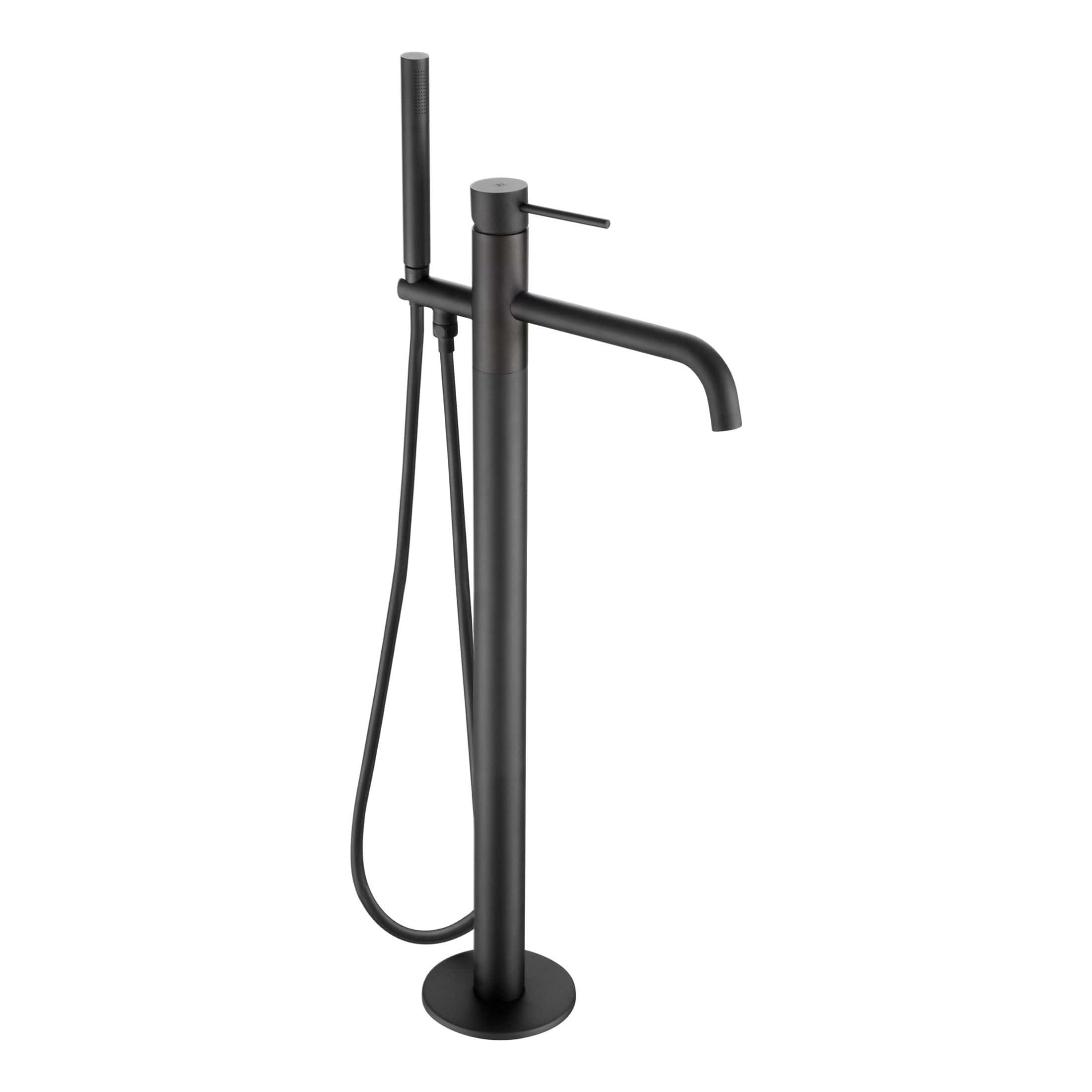 Sleek black freestanding bathroom basin tap with modern design, including a handheld shower and curved spout, perfect for contemporary bathroom upgrades.