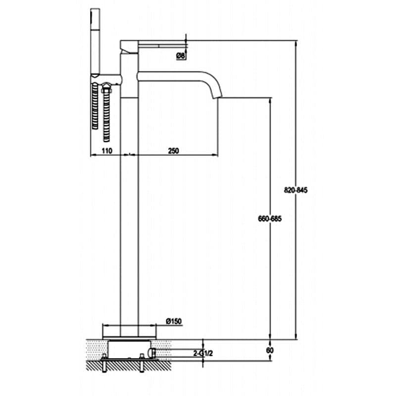 110mm adjustable freestanding bath mixer tap with long spout, detailed technical drawing for plumbing installation. Suitable for modern bathrooms with precise measurements.