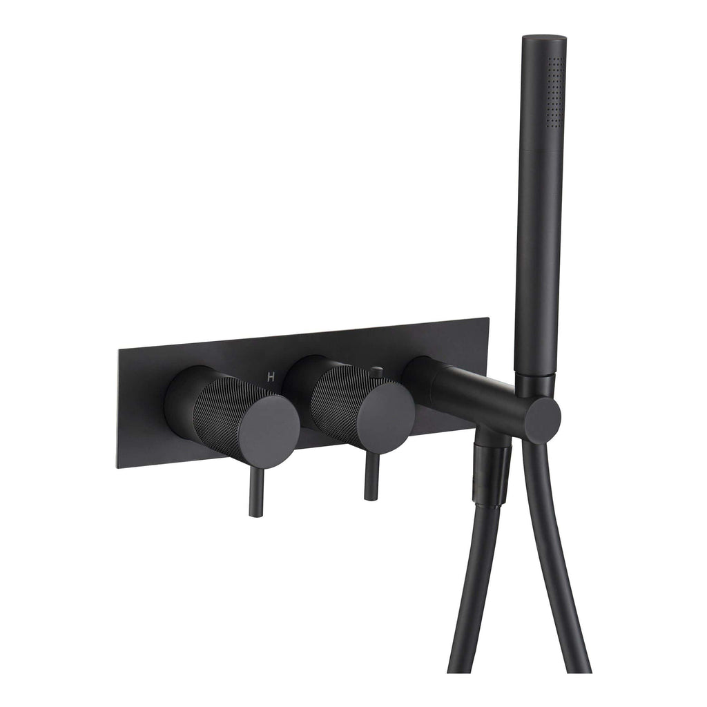 Flexible black bathroom shower fixture with dual control knobs and a handheld shower head, designed for modern bathroom interior decor. Suitable for contemporary bathrooms, offering easy temperature and flow control.