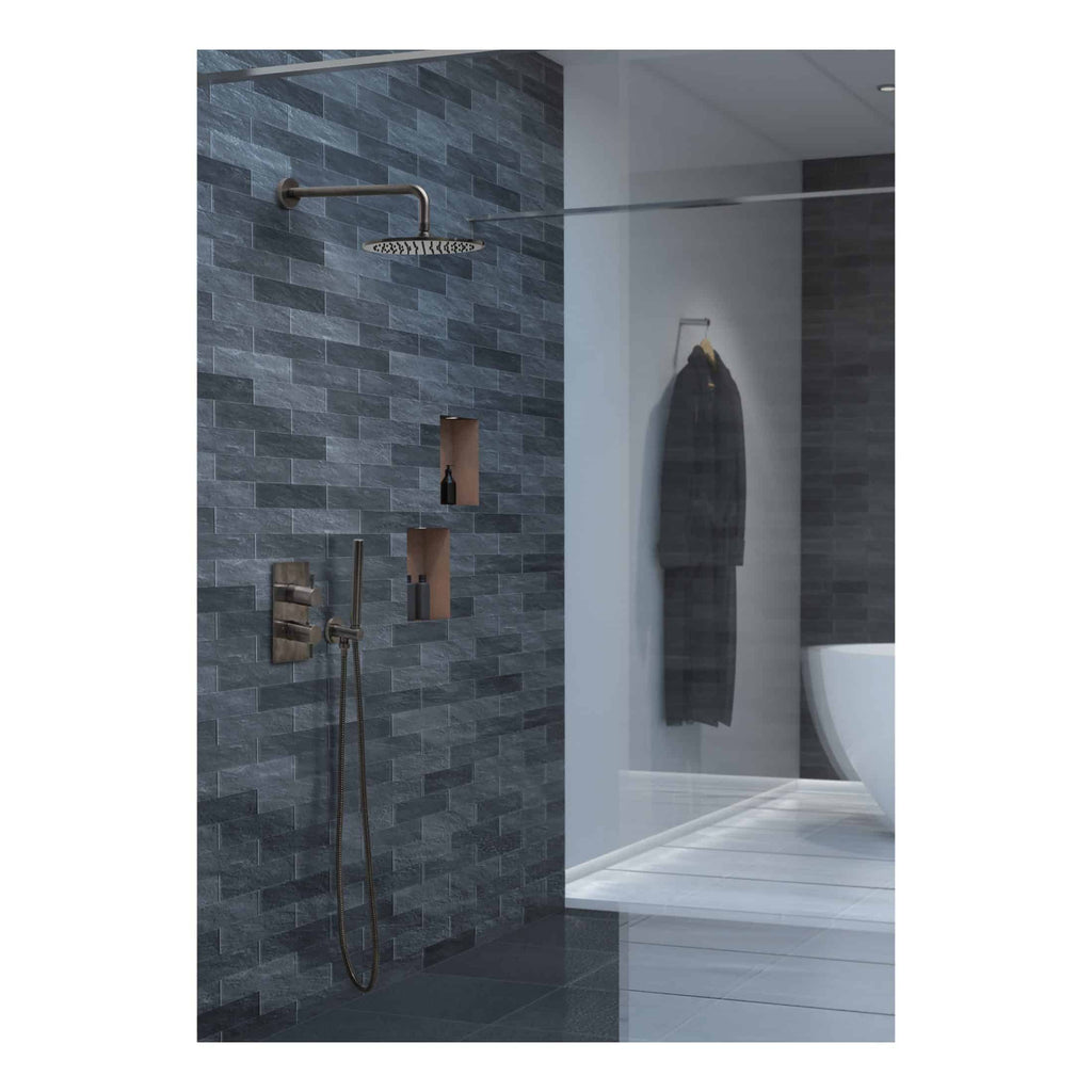 Modern walk-in shower with dark grey stone tiles, sleek stainless steel fixtures, and subtle built-in niche storage, creating a contemporary bathroom space.