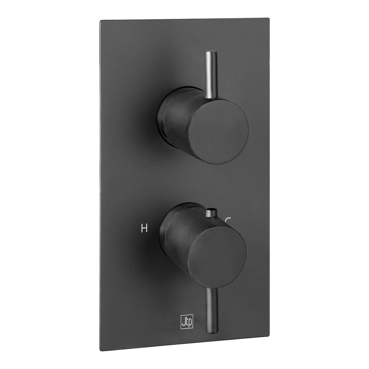 Sleek black shower valve with dual control knobs, perfect for modern bathrooms, featuring easy-to-use temperature and flow adjustments. Designed for durability and style.