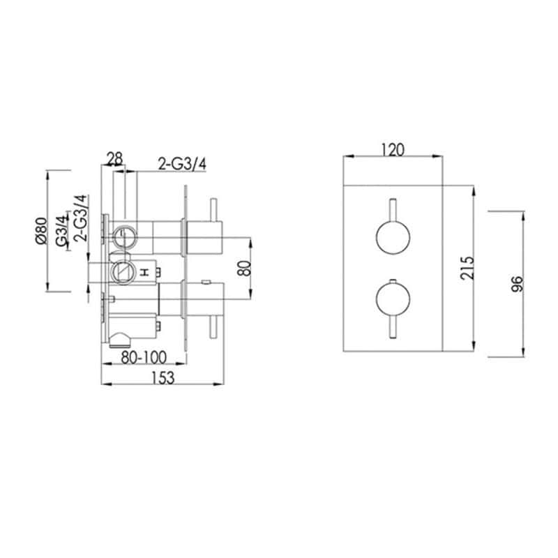 High-quality bathroom valve technical drawing with detailed measurements for Bubly Bathrooms. Precision fittings for modern bathroom designs and plumbing installations.