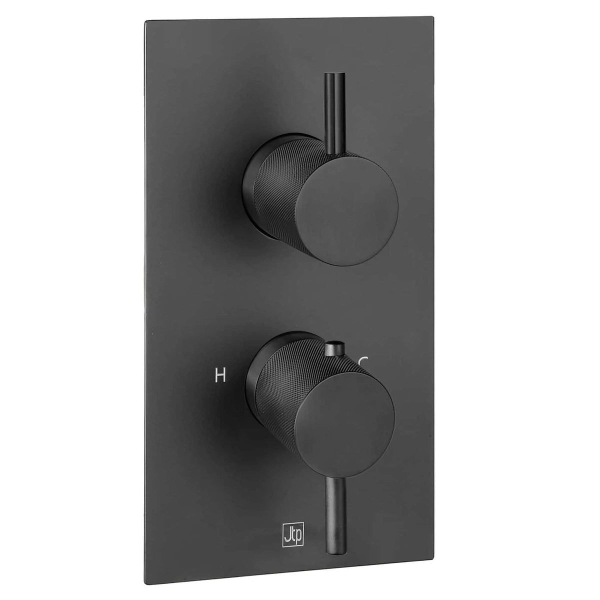 Sleek black shower thermostat control panel with two dials for temperature and water flow adjustment, modern bathroom fixture for stylish Bubly Bathrooms installations.