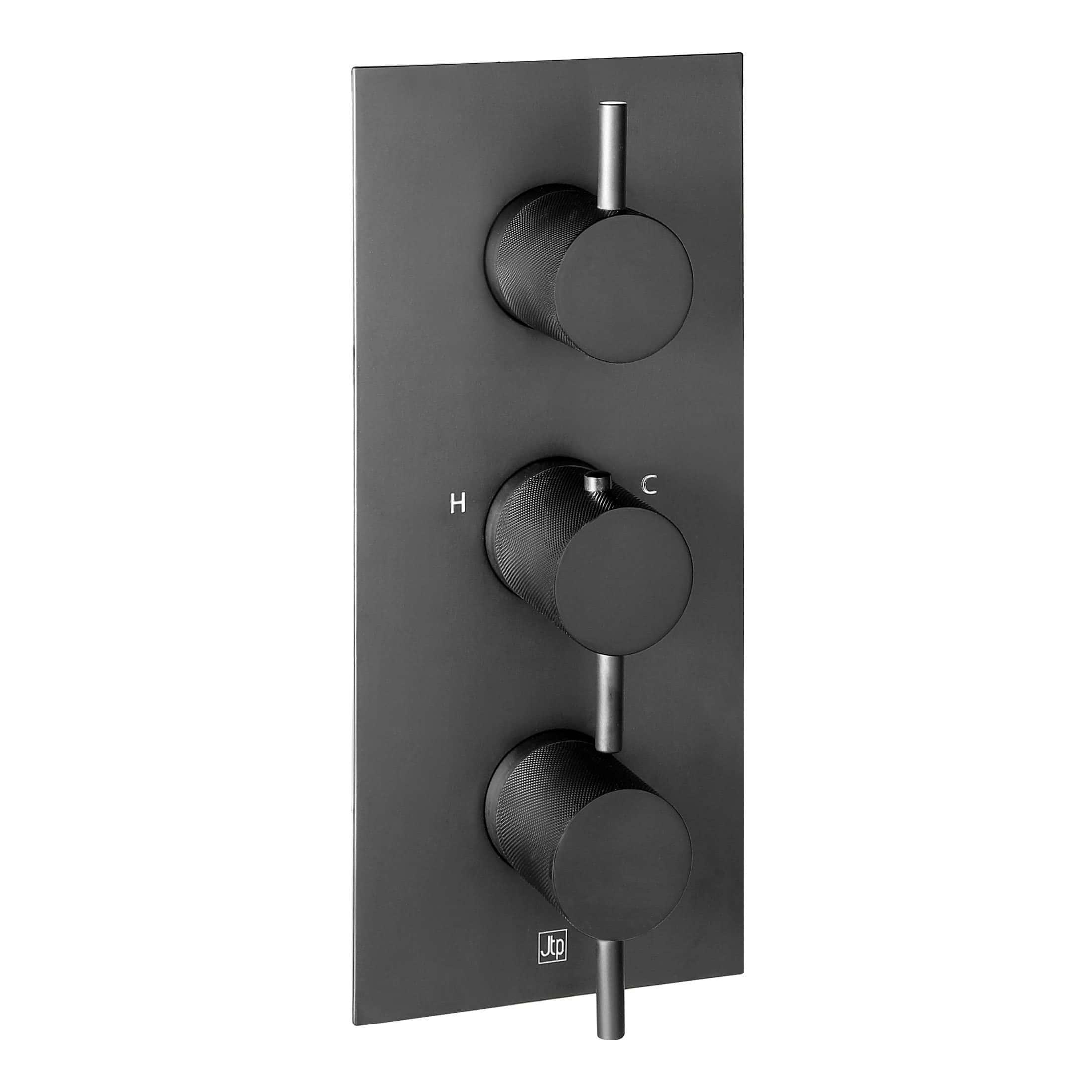 Sleek black thermostatic shower panel with three control dials for precise temperature and flow regulation, ideal for modern Bubly Bathrooms.