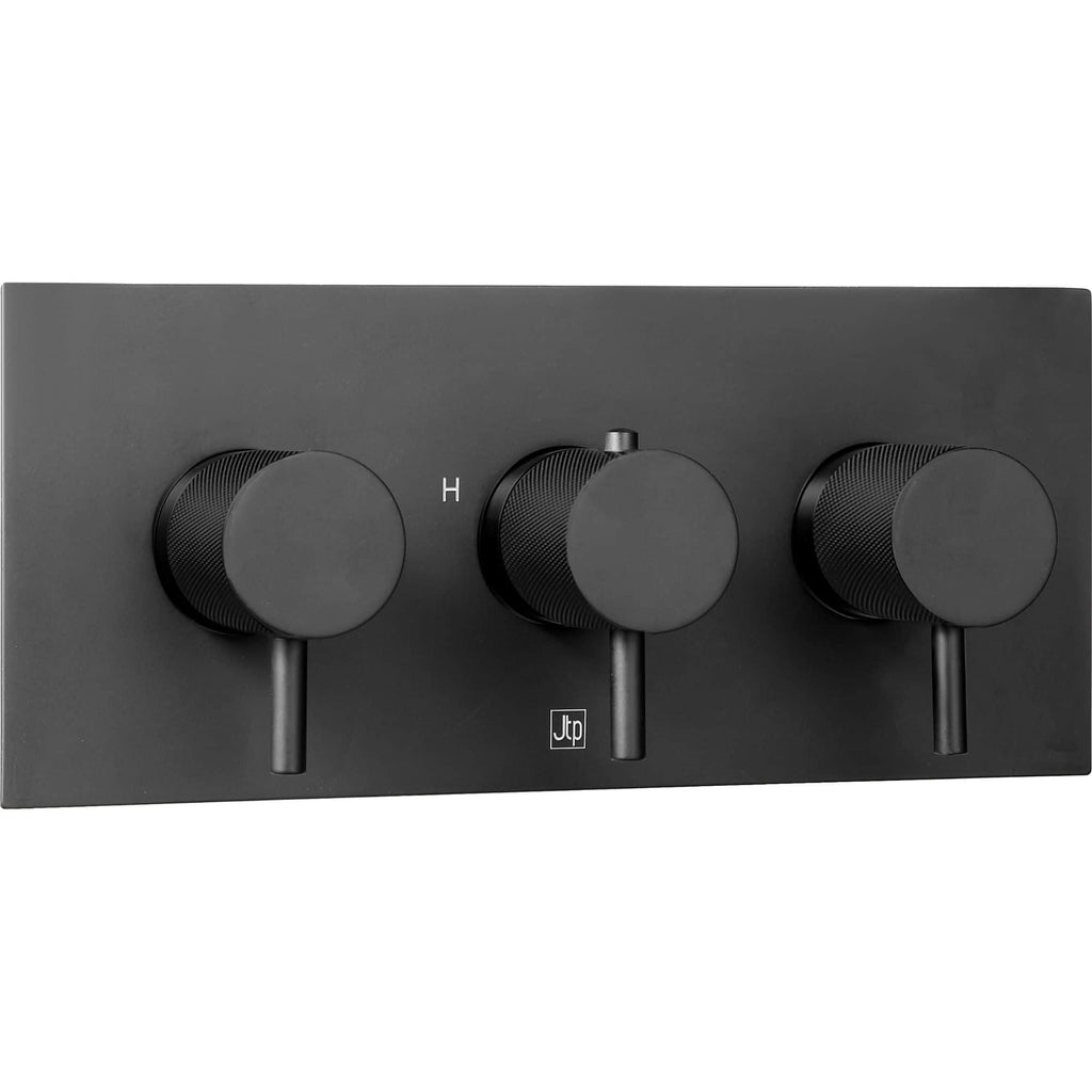 Sleek black wall-mounted thermostatic shower control panel with three dials, modern design, and precise temperature adjustment, perfect for contemporary bathrooms.