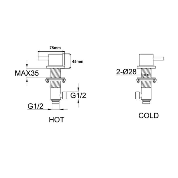 High-quality plumbing diagram for Bubly Bathrooms showing hot and cold water valve specifications, dimensions, and installation details, ideal for bathroom plumbing upgrades and fittings.