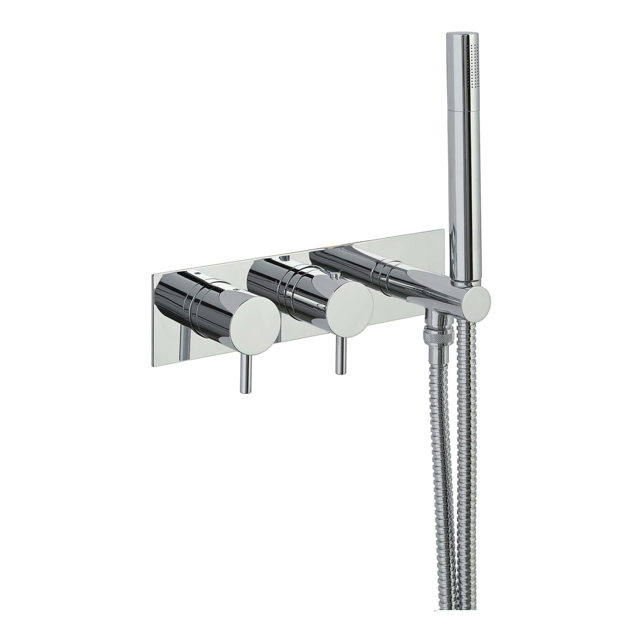 Sleek chrome bathroom mixer tap with handheld shower attachment, perfect for modern bathroom setups. Durable, stylish, and easy to install for a seamless upgrade.