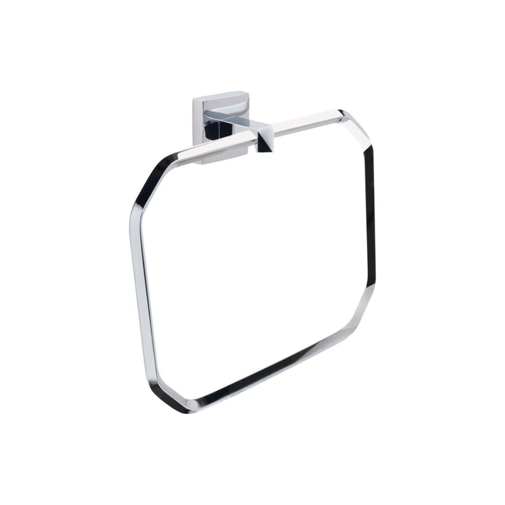 Shiny chrome bathroom towel ring mounted on a white background, modern bathroom accessories, elegant bathroom hardware, durable and stylish towel holder design.