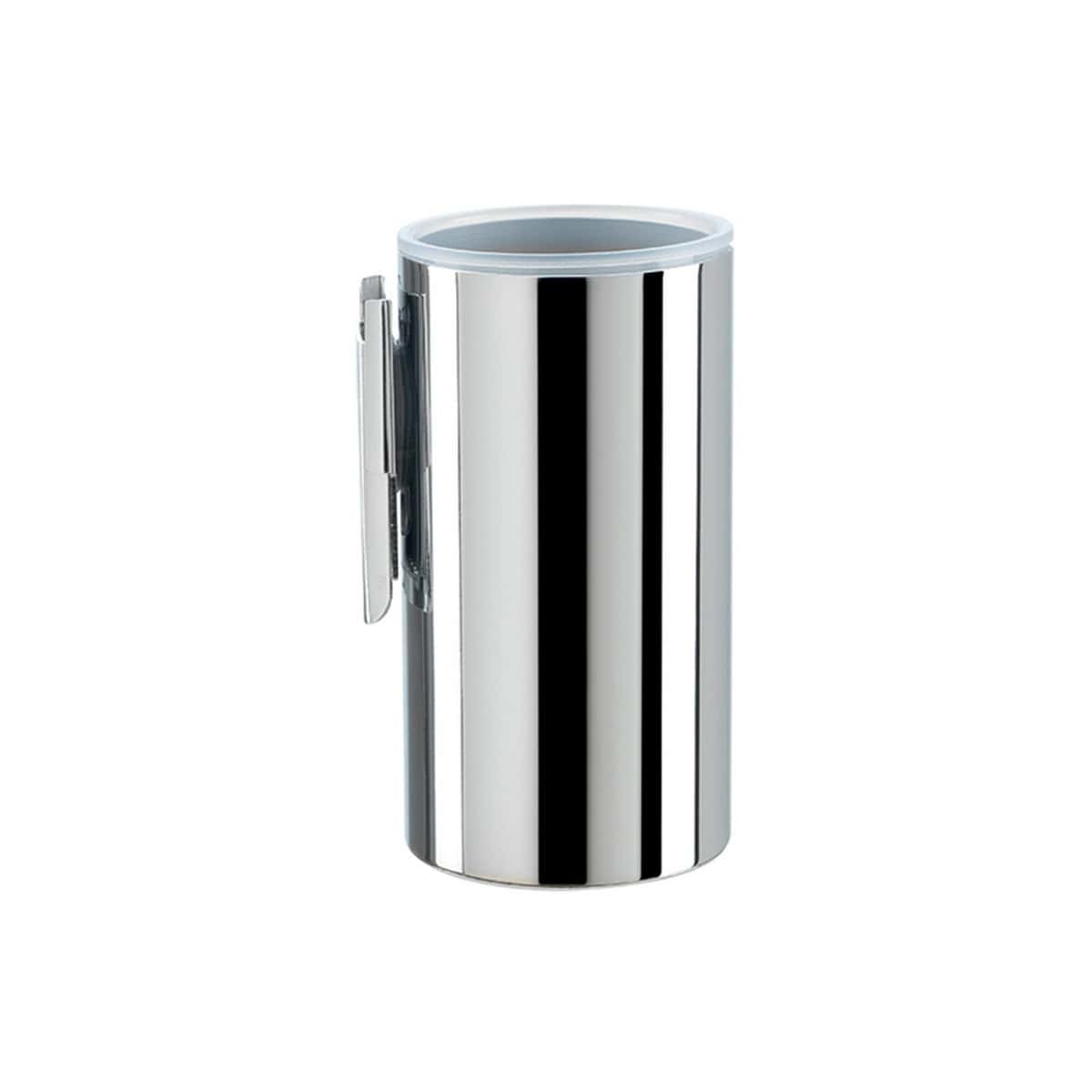 Sleek chrome bathroom toilet paper holder with a modern cylindrical design, wall-mounted for easy access and stylish bathroom decor. Perfect for contemporary bathroom interiors.