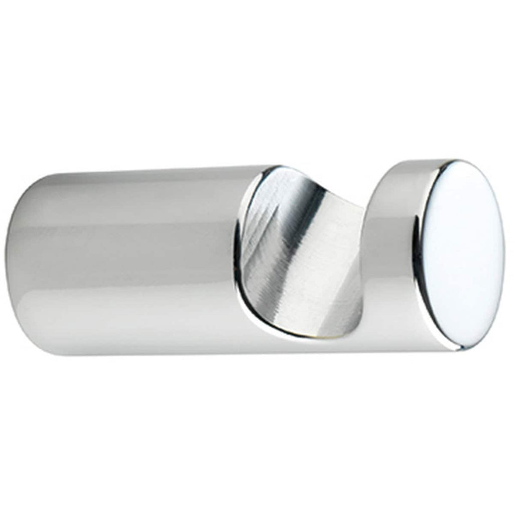 Polished chrome bathroom door stop, modern design, wall-mounted fixture for secure door holdbacks, high-quality bathroom accessories, durable and stylish.