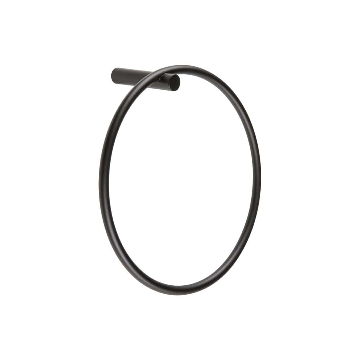 Sleek black towel ring for modern bathroom decor, durable and easy to install, perfect for holding hand towels. Ideal accessory for contemporary bathroom design by Bubly Bathrooms.