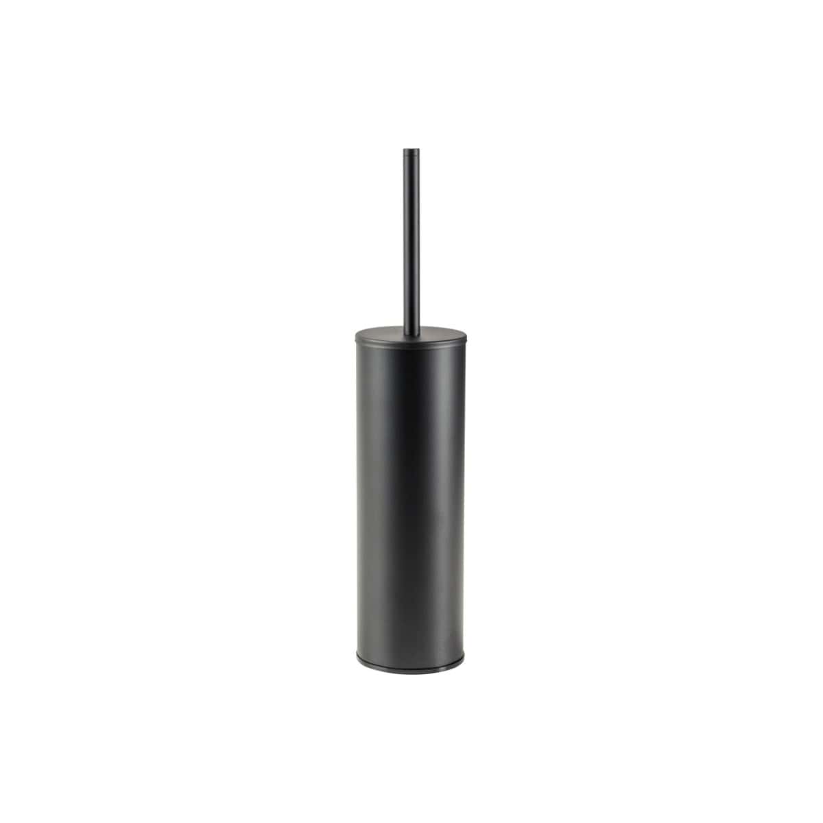 Sleek black toilet brush holder with matching brush for modern bathroom decor.