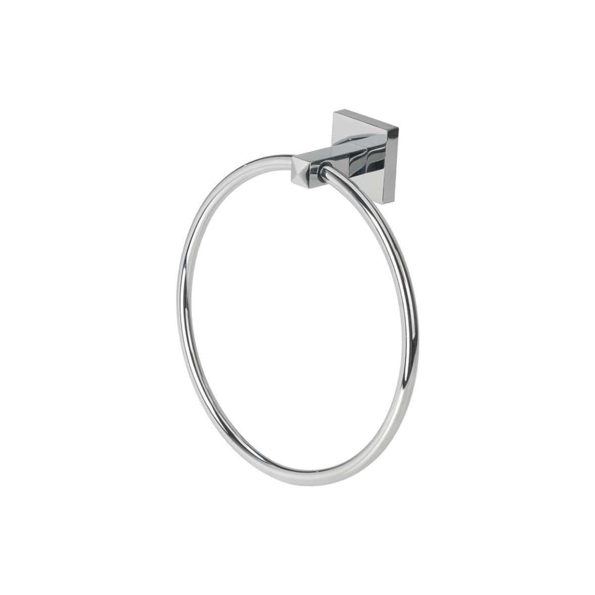 Sleek chrome towel ring mounted on a white background, ideal for modern bathroom decor, providing a stylish and functional solution for hanging towels.