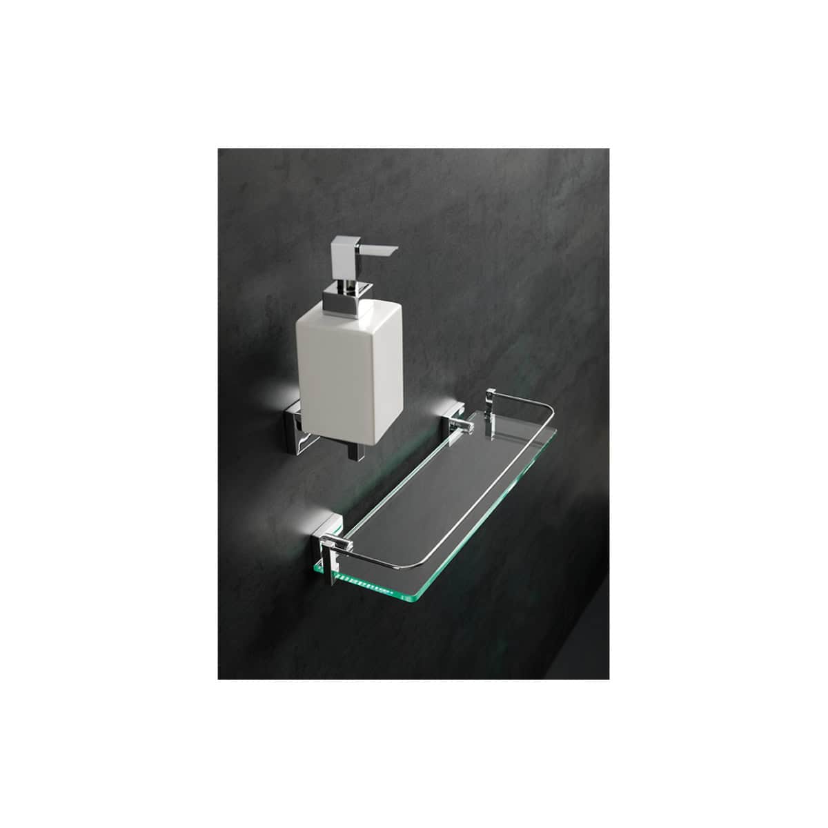 Sleek modern bathroom soap dispenser and glass shelf with chrome finish against dark wall, showcasing luxury bathroom accessories from Bubly Bathrooms.