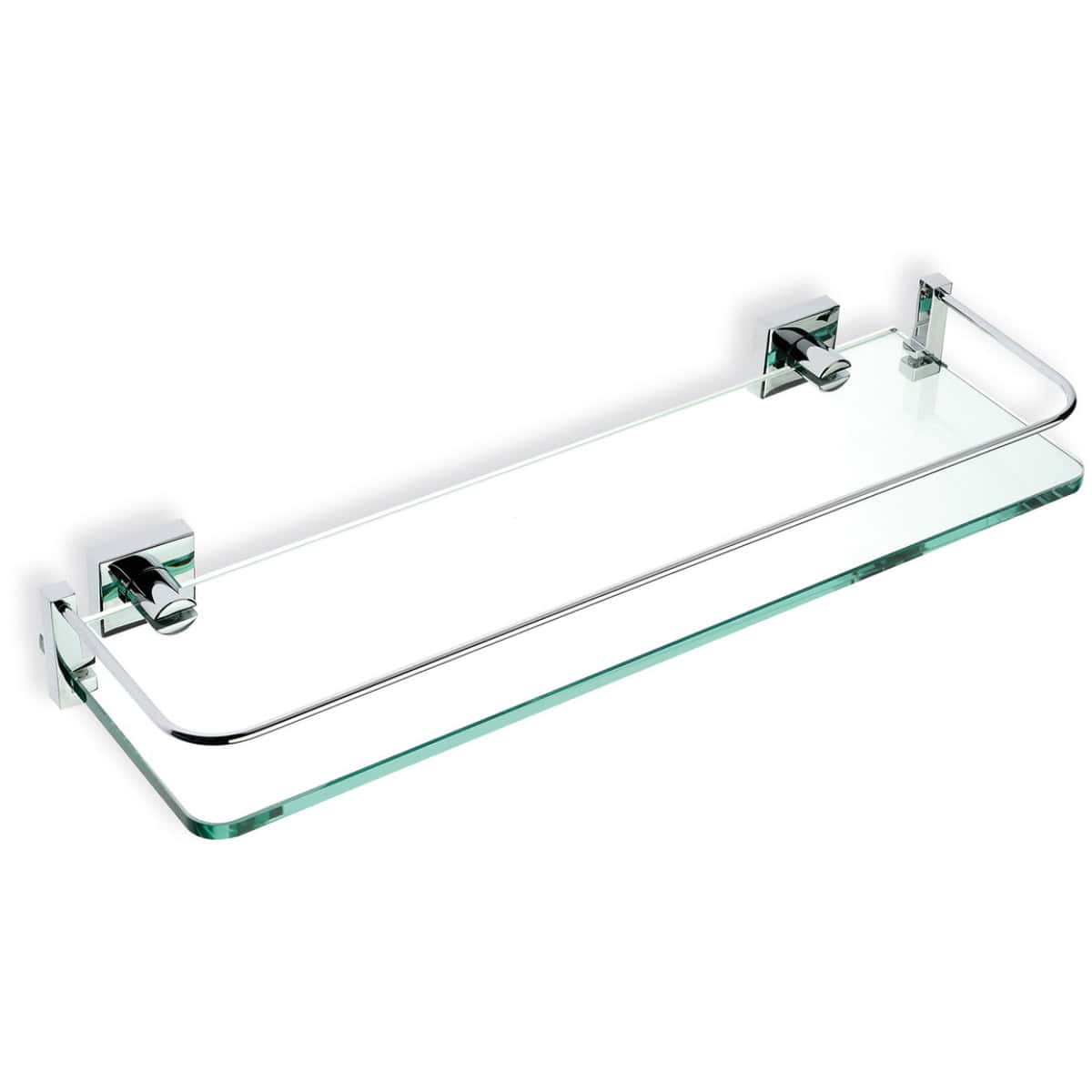 Elegant glass bathroom shelf with chrome fittings, ideal for modern bathroom storage and organisation. Sturdy, stylish, and easy to install for a sleek bathroom aesthetic.