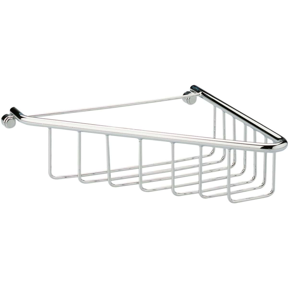 Shower corner caddy for bathroom storage, made of chrome-plated metal with multiple shelves for toiletries, fits in corner shower spaces for convenient organisation.