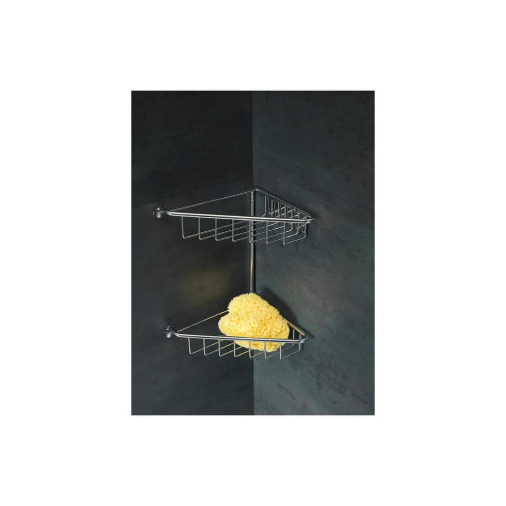 Shower caddy with two chrome wire baskets mounted in a modern bathroom, holding a yellow sponge; sleek bathroom storage solution for organising toiletries efficiently.